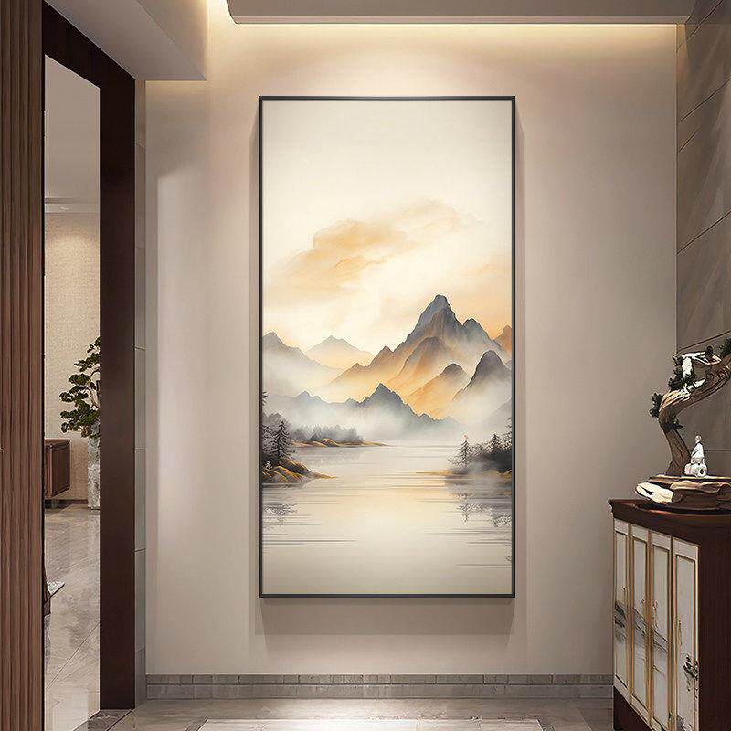 背有靠山 新中式山水玄关装饰画 意境水墨客厅竖版挂画