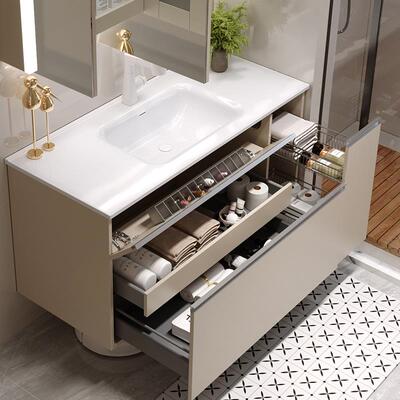 陶瓷一体盆日式浴室柜组合卫生间收纳侧拉篮洗漱台盆柜高背盆定制