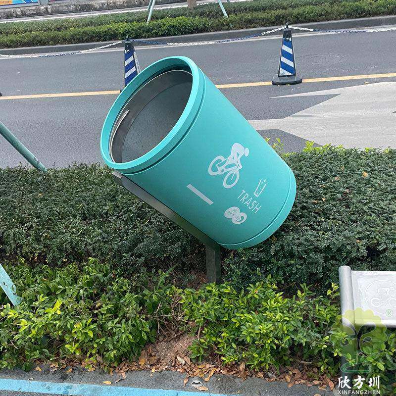 户外城市电动自行车骑行道路公园绿道圆柱形喷粉不锈钢垃圾桶单筒