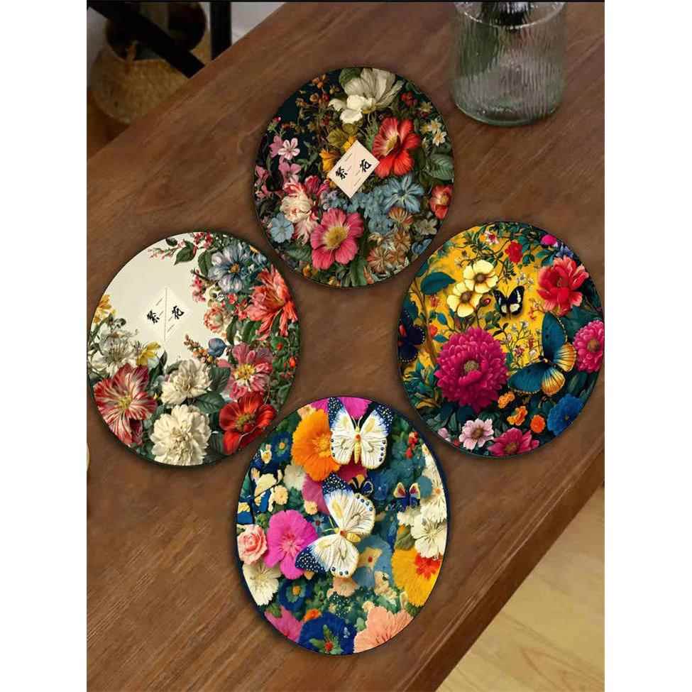 【四祇装】繁花花朵硅藻泥咖啡杯隔热防烫垫覆古防烫圆形餐碗垫