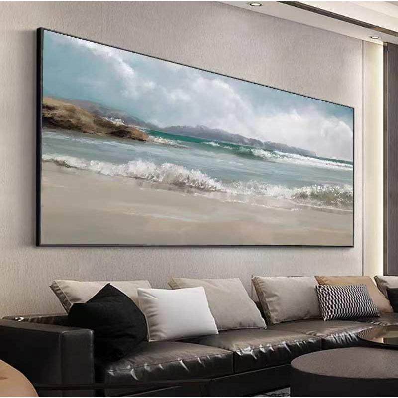 沙发大海景轻奢背景尺寸客厅横幅风油画手绘挂画纯抽象海浪装饰画,家居饰品,现代装饰画,淘宝优惠券,粉丝福利购,淘宝优惠卷