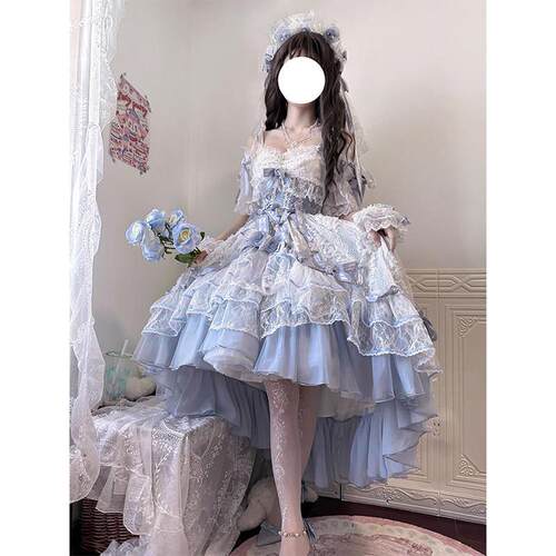 黛安蔷薇Lolita裙子晚礼服女年会蓝色花嫁洋装学生日成人礼公主裙