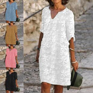 linen cotton mid sleeve collar Flower long print