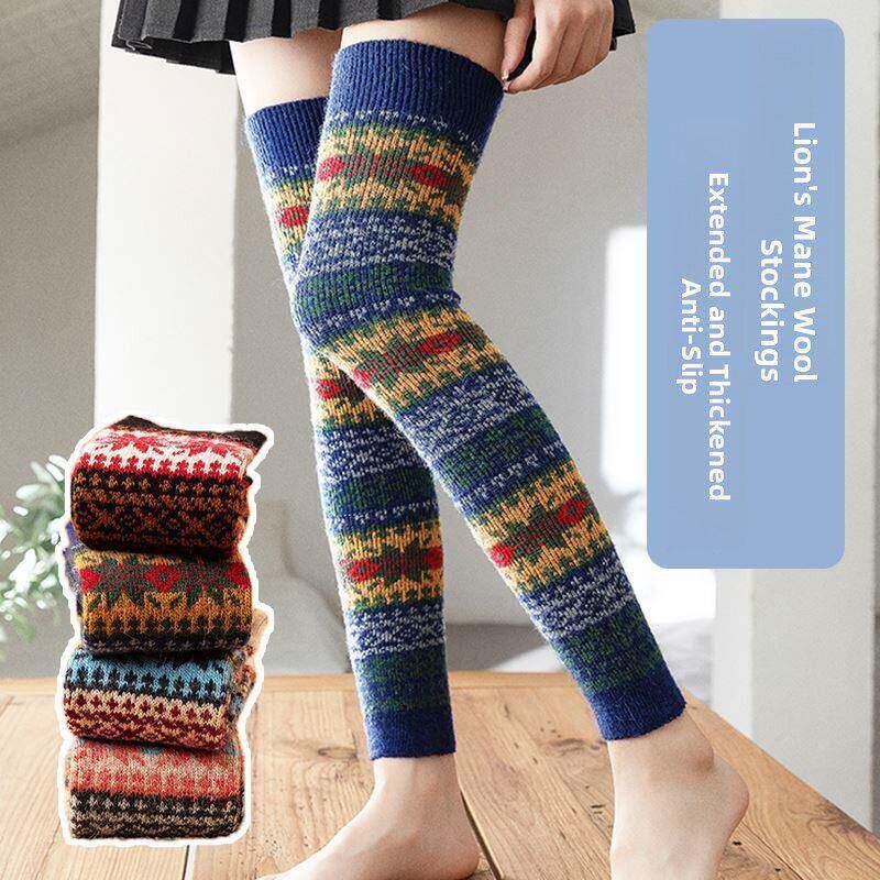 秋冬保暖过膝长筒袜兔羊毛加长袜套靴套民族风护腿套防滑护膝袜女