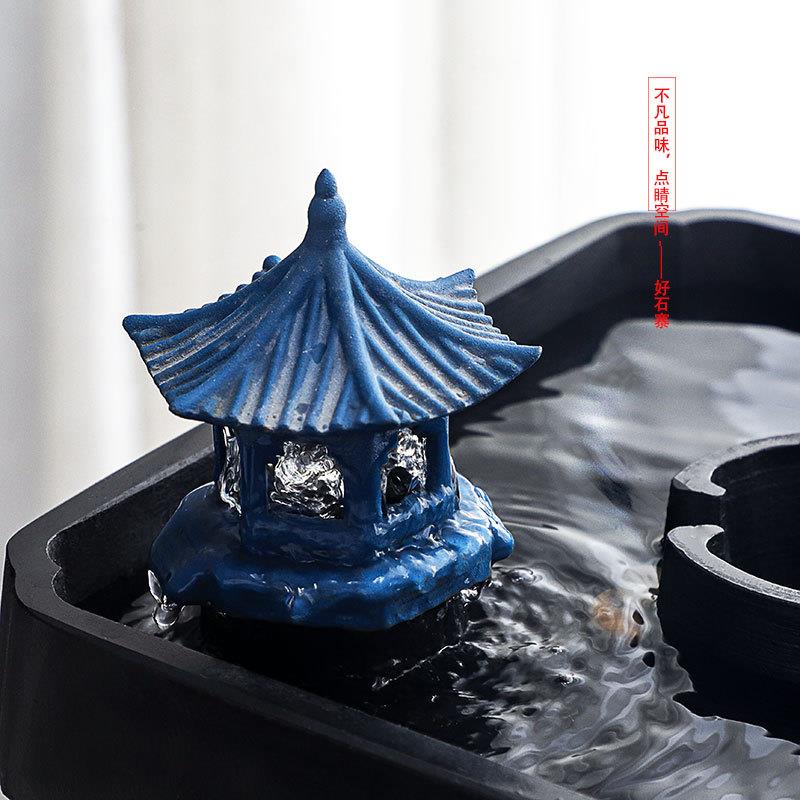 好石寨 乌金石流水陶瓷缸摆件室内成品小型循环水 宠物饮水盆景观