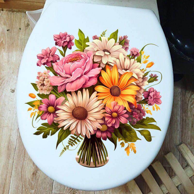 一束彩色鲜花马桶贴纸防水装饰化妆室马桶盖贴画自粘