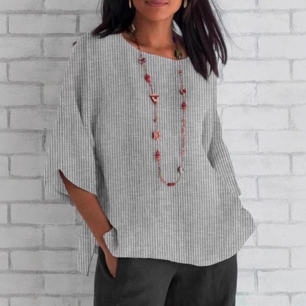 Women's Seasonal Round Neck Cotton Hemp Top T-shirt图片