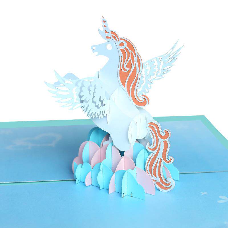 厂家供应3D立体贺卡独角兽个性飞马立体纸雕童话节日卡片