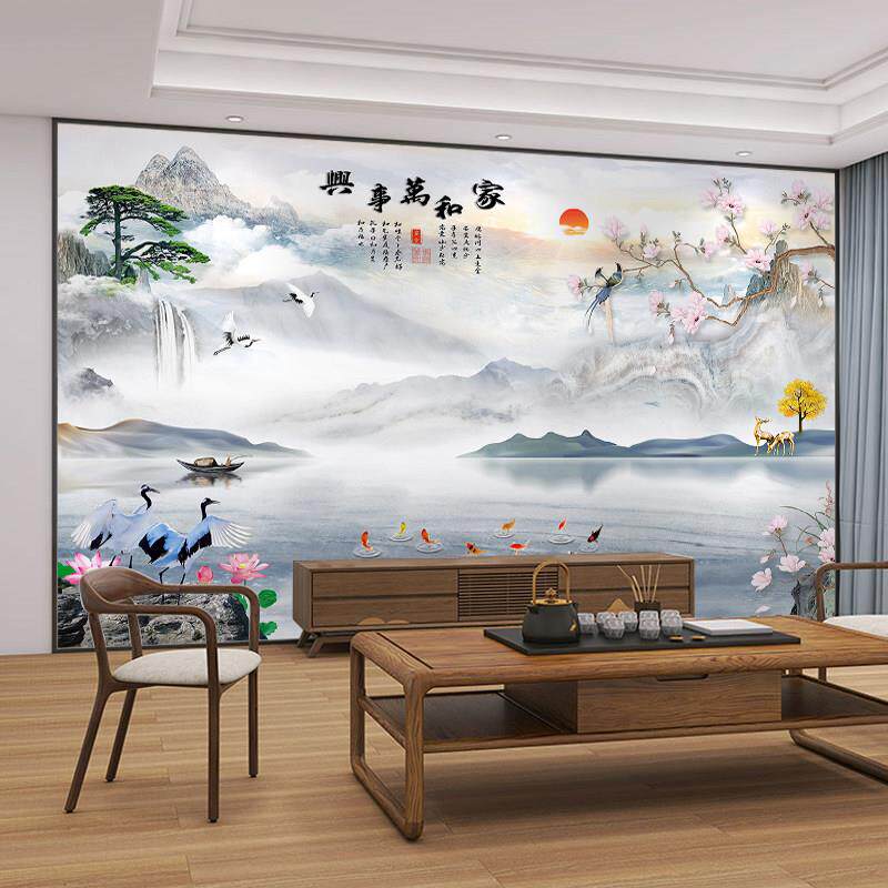 新中式山水画电视背景墙壁纸3d立体壁画新款客厅壁布8d影视墙墙布