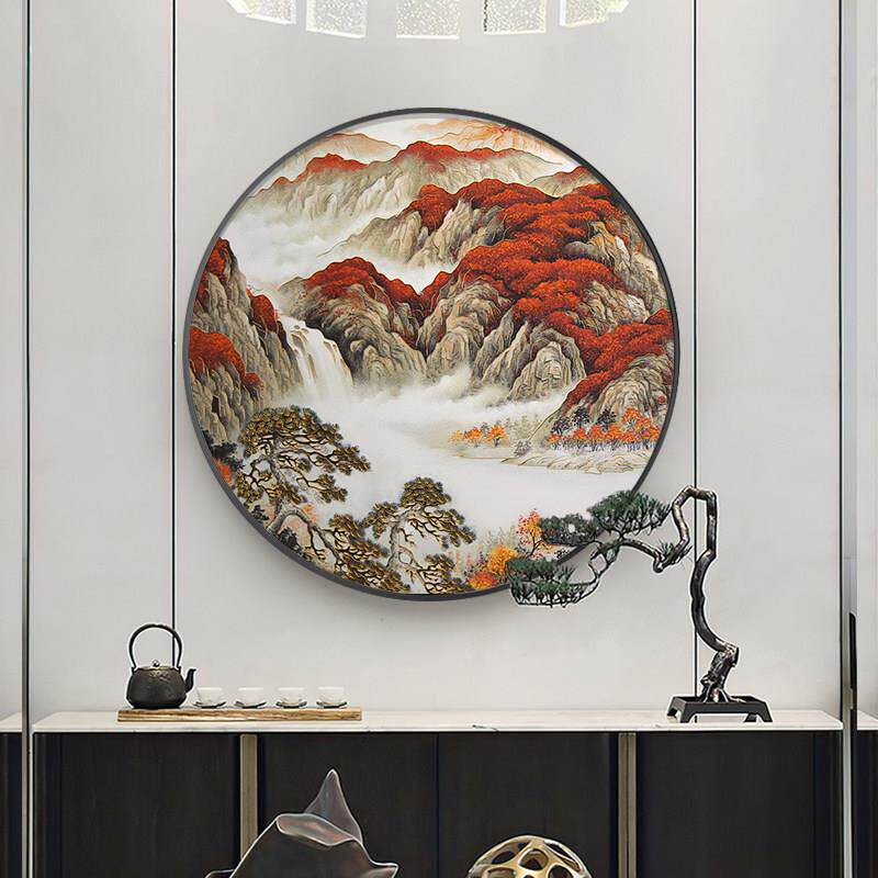 新中式圆形装饰画玄关墙面挂件掐丝珐瑯彩迎客松鸿运当头山水挂画