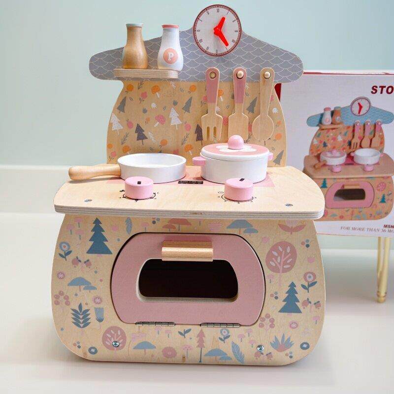 儿童木制仿真蘑菇屋灶台模拟炒菜锅具烤箱一体迷你厨房过家家玩具