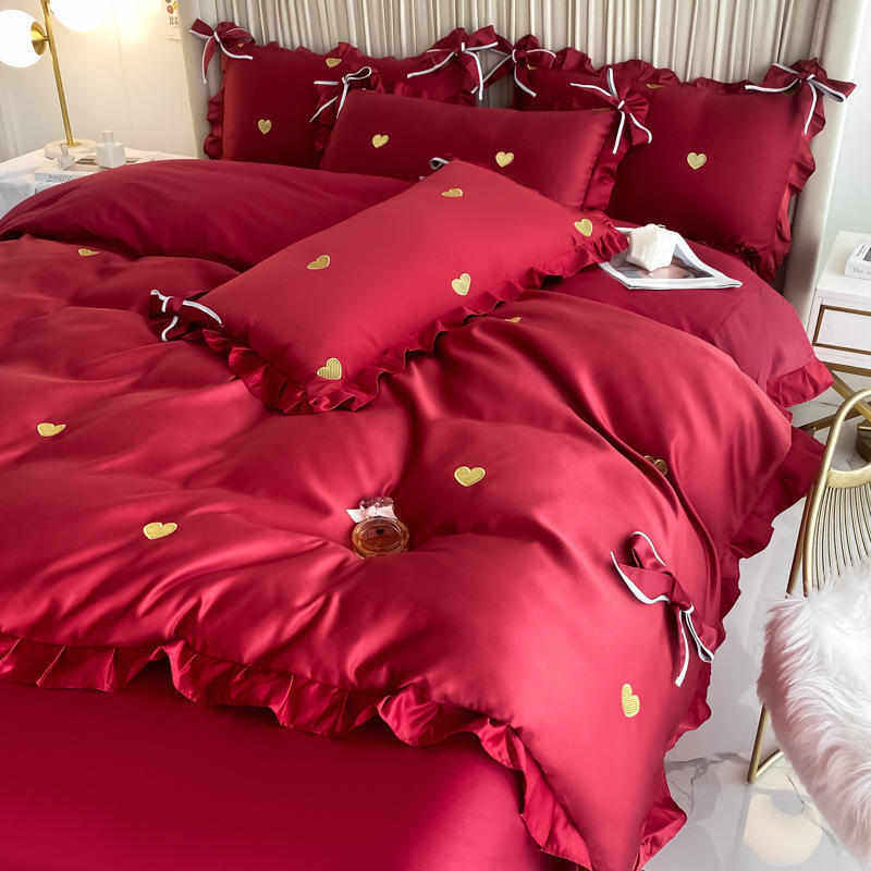 酒红色爱心四件套全棉纯棉床单冰丝被套结婚庆婚礼婚嫁新婚被床品,床上用品,婚庆床品套件,淘宝优惠券,粉丝福利购,淘宝优惠卷