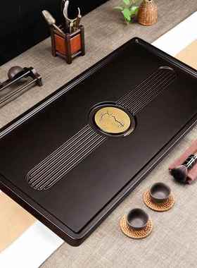 黑檀木实木茶盘家用新款约大号块排木水式办公室仿整原89102托简