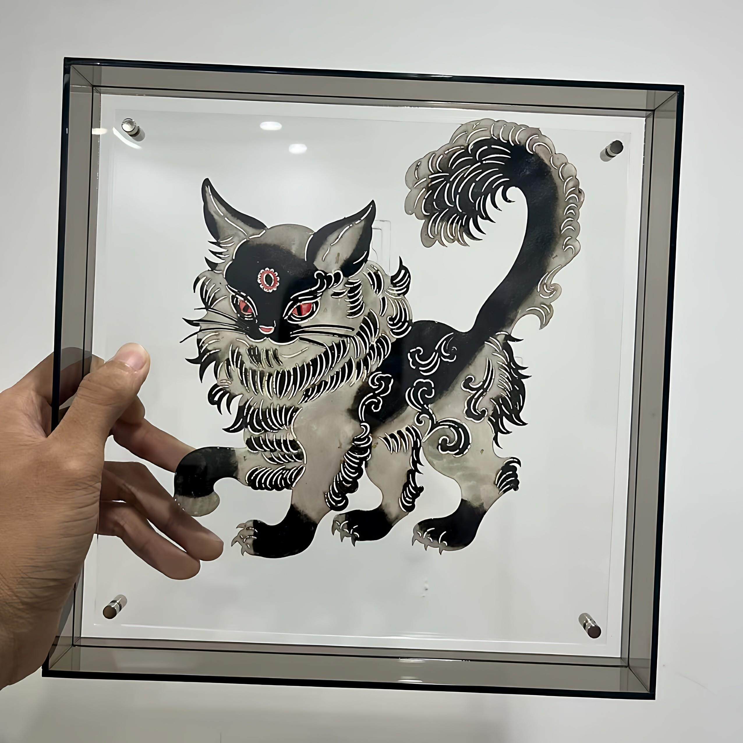 皮影装饰画玄猫传统非遗文化手工制作新中式挂玄关电视柜装饰摆件