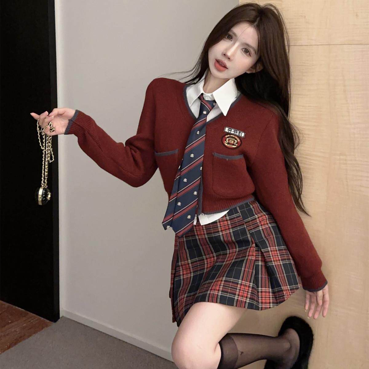 学院风套装红色针织开衫毛衣长袖领带衬衫高腰格子短裙三件套