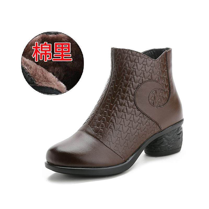 高档2024鞋冬季新款女棉鞋真加皮中跟妈妈绒短靴软底棉靴靴民族风