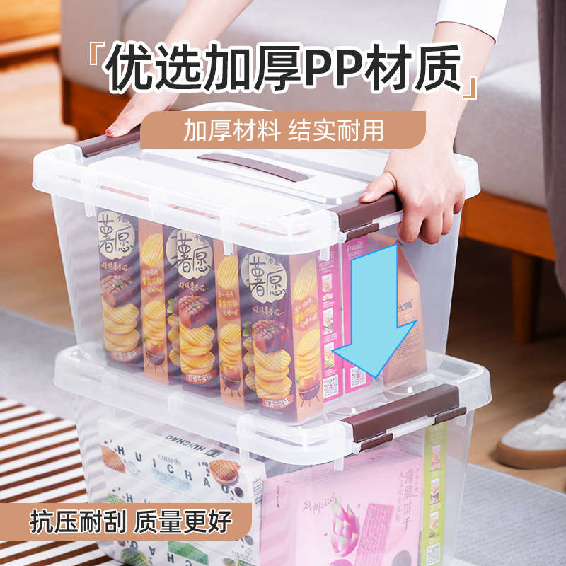 茶花加厚透明收纳箱手提家用大容量储物箱塑料收纳盒零食玩具整理