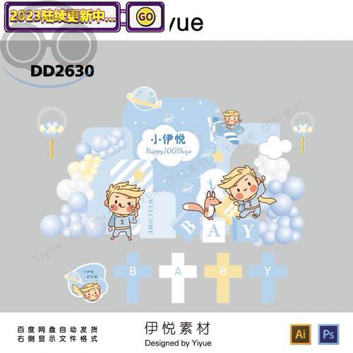 简约浅蓝色小王子包厢宝宝宴满月百天周岁气球生日派对设计素材