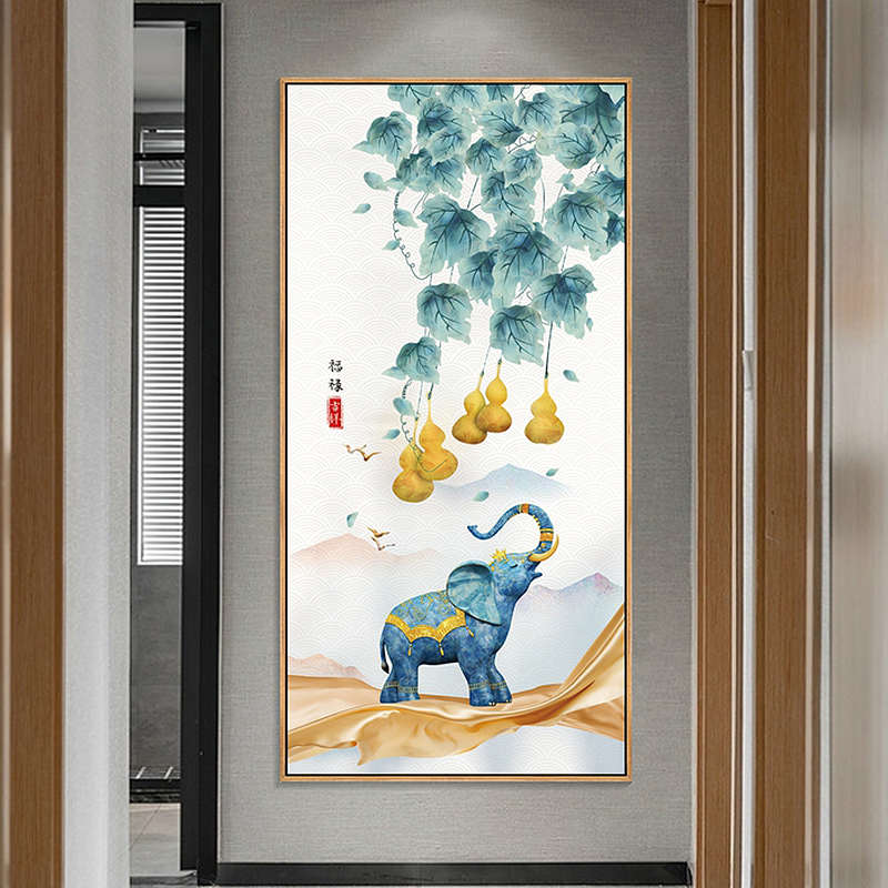 新中式大象玄关装饰画树叶葫芦挂画竖版客厅餐厅走廊过道尽头壁画图片