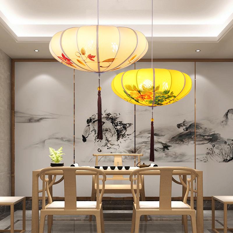 现代新中式仿古典吊灯布艺手绘画灯笼中国风餐厅工程酒店茶楼灯具