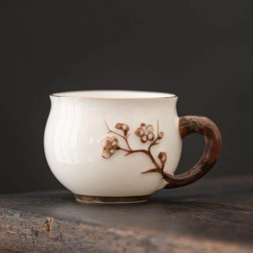 羊脂玉功夫茶杯陶瓷品茗杯带手把家用高档喝茶小主人杯唐月窑手绘