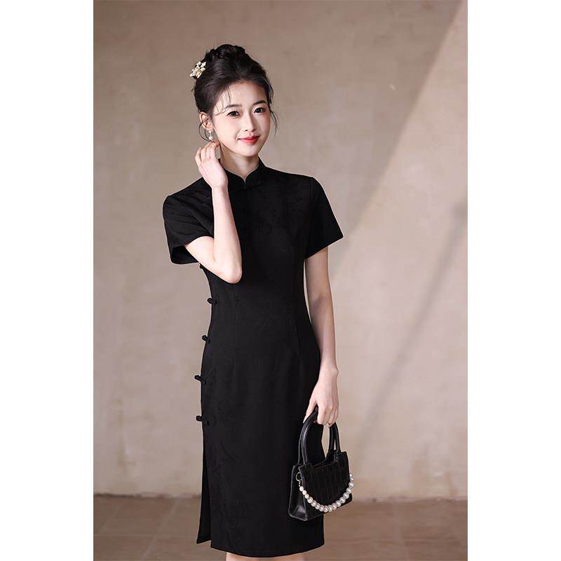 claudie pasey黑色简约旗袍夏季新款中长款修身显瘦高级感连衣裙