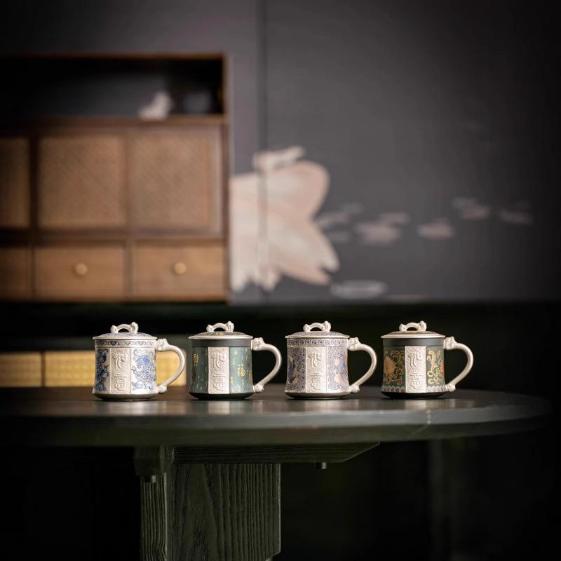 故宫文创茶杯高档个人鎏银专用带盖过滤杯茶水分离杯新中式办公杯