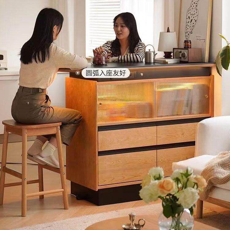 北欧实木岩板岛台樱桃木吧台客厅隔断展示柜收纳柜餐边储物柜