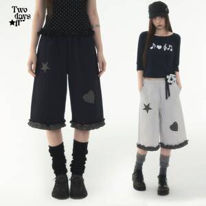 Twodaysoff双休日韩系刺绣五分中裤女夏季松紧腰短裤宽松休闲裤