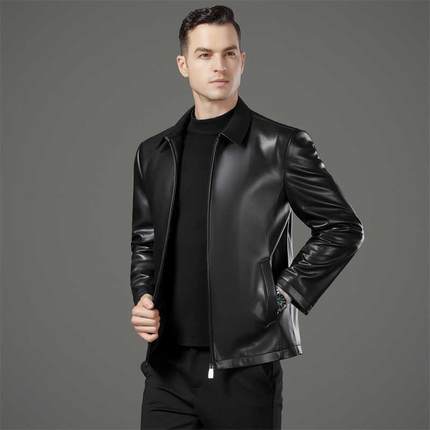 宁高档皮真皮衣男绵羊领皮新款短款机车皮夹克ZWP中年翻外海套男