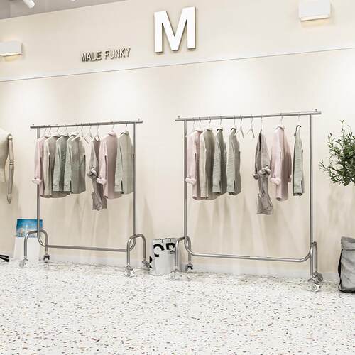 服装店展示架落地式不锈钢拉丝银色挂衣杆带轮子中岛架女装店货架 - 封面