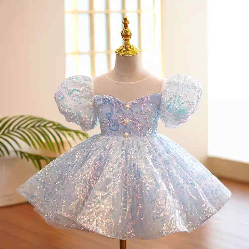 女童礼服蓝色亮片高级蓬蓬裙钢琴演奏演出服儿童主持人花童公主裙