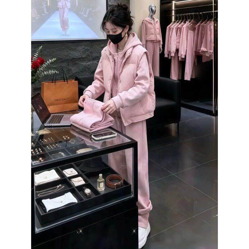 时尚休闲套装女秋冬新款洋气显瘦棉马甲加绒加厚卫衣阔腿裤三件套