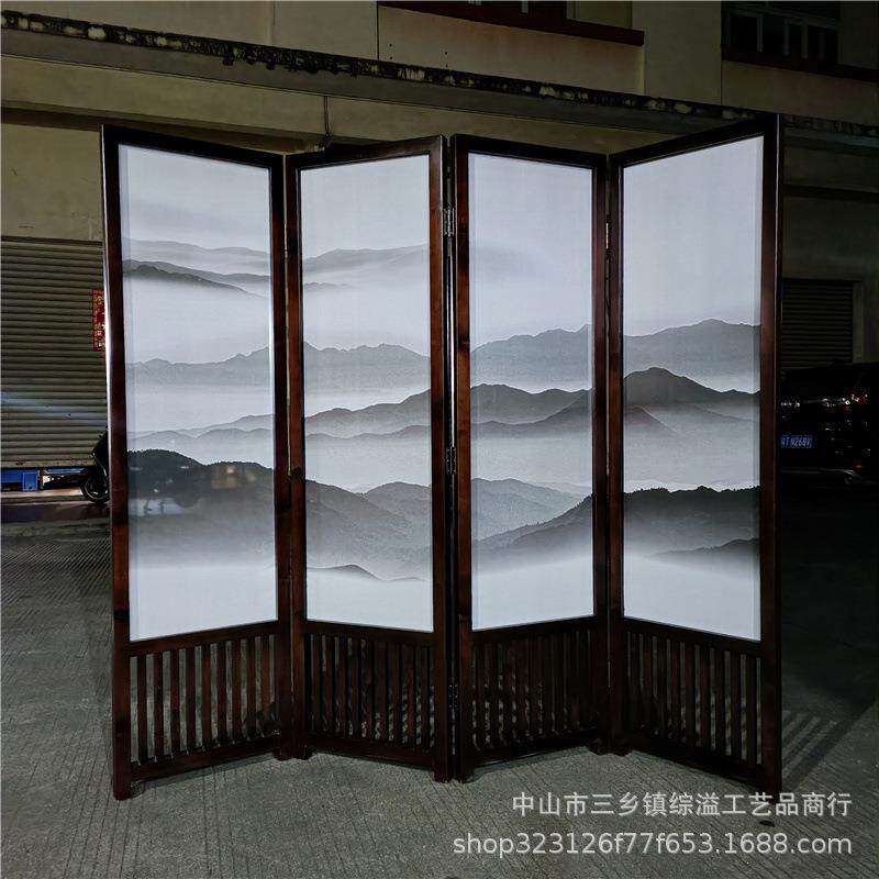 松木边框打印半透明绢画山水屏风厅会议室客厅背景隔断可移动折屏