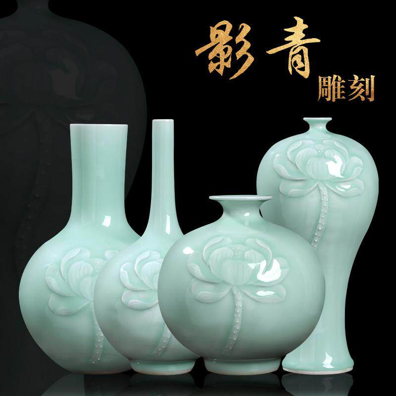 景德镇陶瓷器高档手工雕刻牡丹花台面陶瓷小花瓶新房柜装饰品摆件
