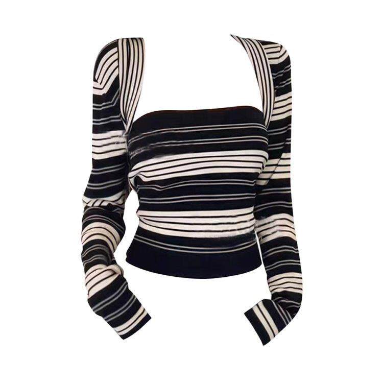 新品香港秋季复古撞色条纹针织抹胸短款上衣女长袖毛衣坎肩两件套