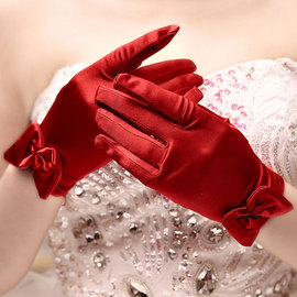 新娘手套结婚婚纱红色缎布有指加长配饰品婚礼短款缎面蝴蝶结白色