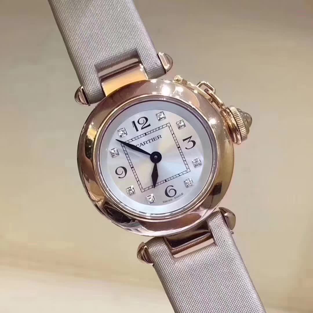 闪拍[9.8新]卡地亚MISS PASHA帕莎系列玫瑰金石英女表WJ124028
