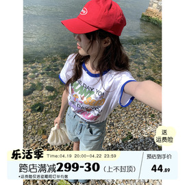 馨帮帮自制韩系彩色字母，撞色印花短袖t恤女2024圆领百搭上衣