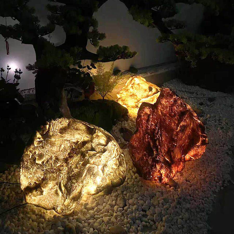 仿真太阳能发光石头灯庭院玻璃钢室内外假石头草坪灯摆件装饰造景
