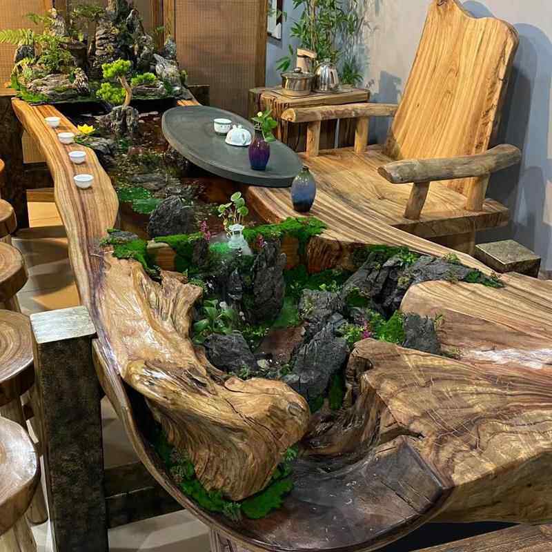香樟原木景观循环流水茶桌椅组合高端新款茶台一体原生态禅意茶几