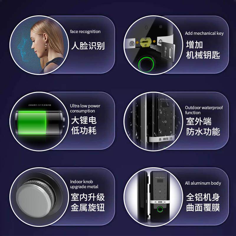 人脸智打能锁玻璃门单门免孔双带框门商铺指纹刷门卡高加索门禁锁