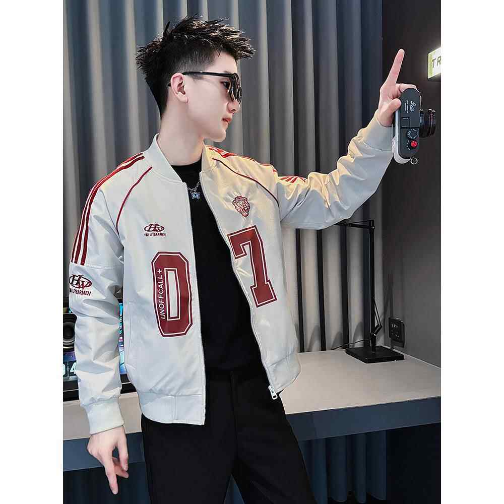 潮牌印花条纹棒球领外套男士秋冬薄款高级感时尚痞帅修身百搭夹克