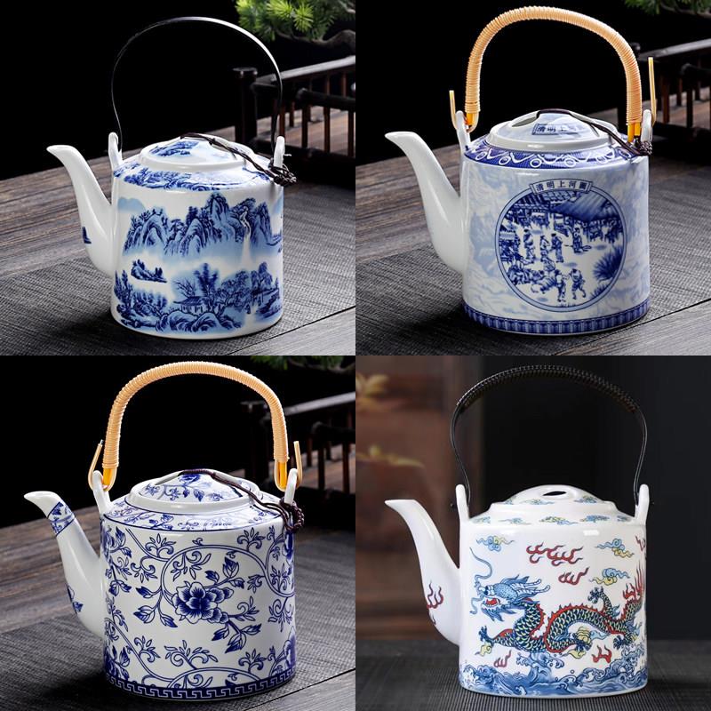 陶瓷茶壶家用简约提梁壶泡茶器老式酒壶青花瓷仿古冷水壶大号单壶