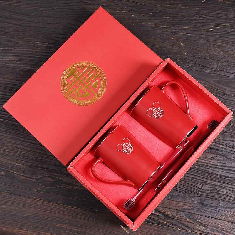 结婚漱口杯洗漱杯杯子刷牙杯情侣一对婚庆红色新人陶瓷杯套装