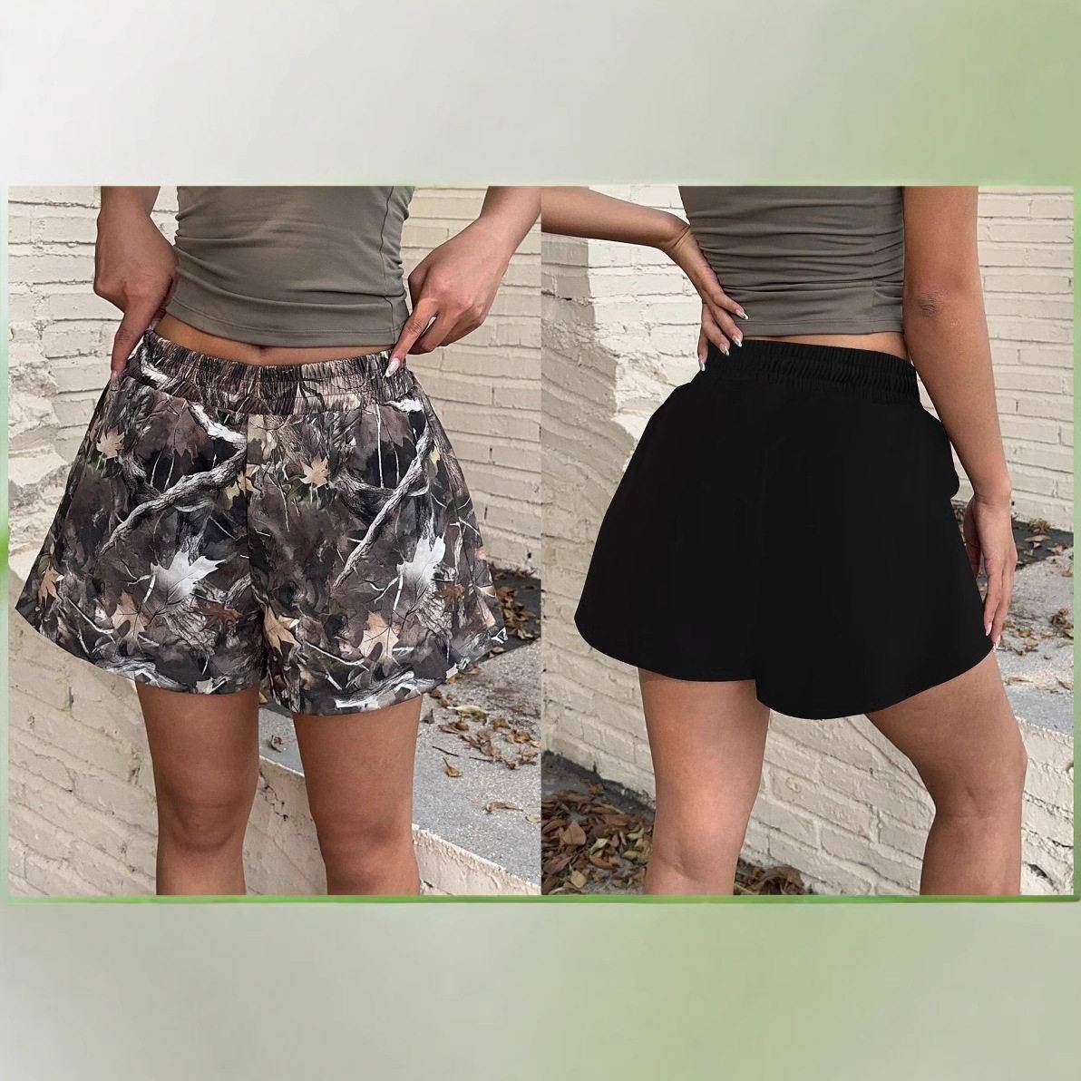 Y2K Camo Leaf Print Shorts Street Slimming Line Leg Pants