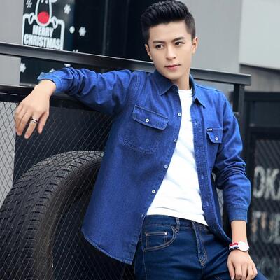 高档春季纯棉仔外长袖牛衬衫上衣宽大码男装工作防晒服全松棉牛仔