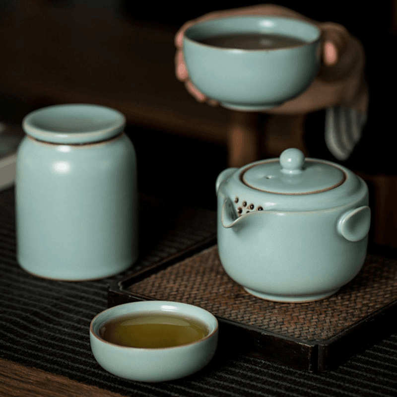 天青色汝窑快客杯旅行茶具便携车载套装单人一壶二杯子开片可养