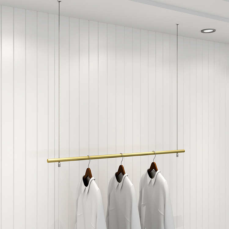 新款橱窗吊杆挂衣架展示架金色铁艺上墙男女服装店可调节钢丝货架