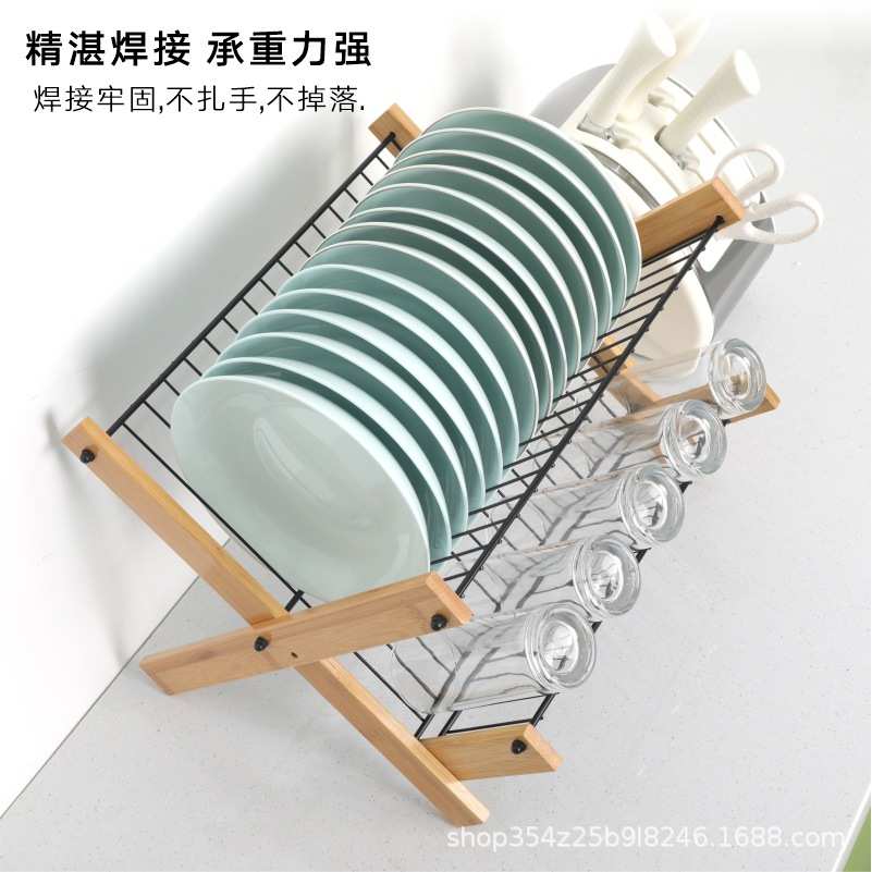 新款竹制折叠碗碟架 厨房沥水置物架 日式竹碳钢家用收纳碗架